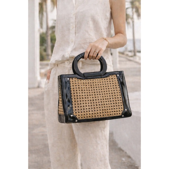 White House Black Market Handbags - WHBM Woven Rattan Tote Black Patent Trim Top Handle Resort Bag